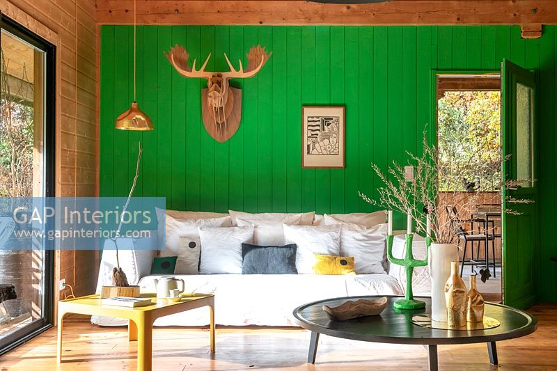 Bright green painted wooden feature wall in modern living roomn 