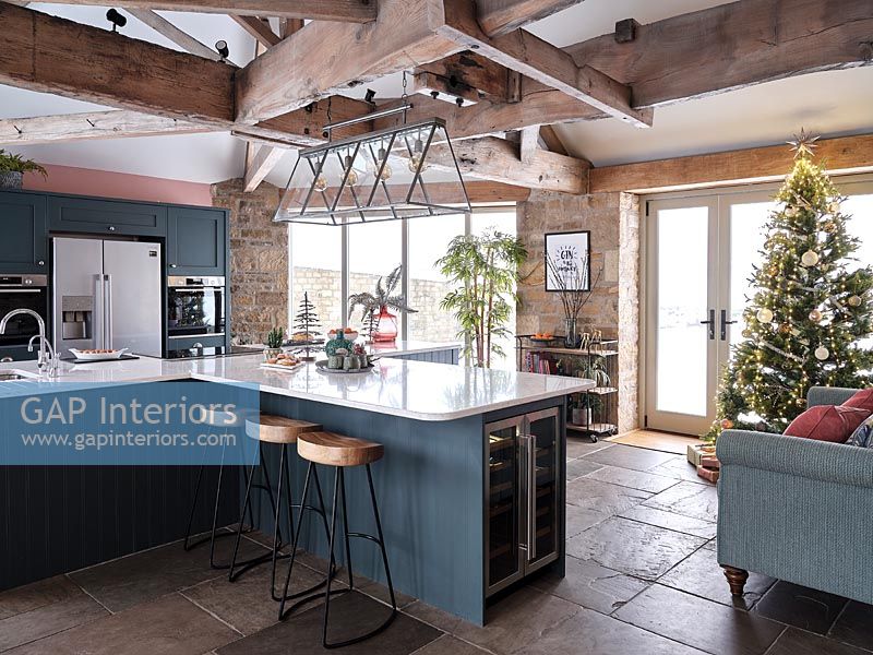 Modern country kitchen decorated for Christmas 
