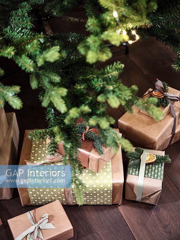 Detail of Christmas gifts under tree 