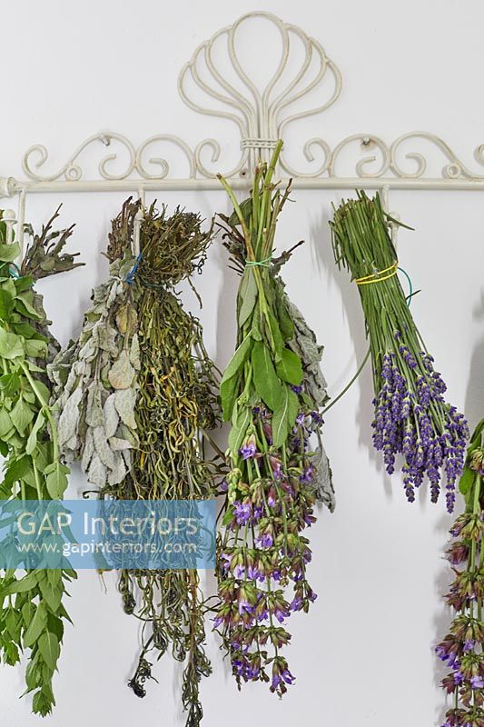 Display of flowers and herbs drying on ornate hooks 