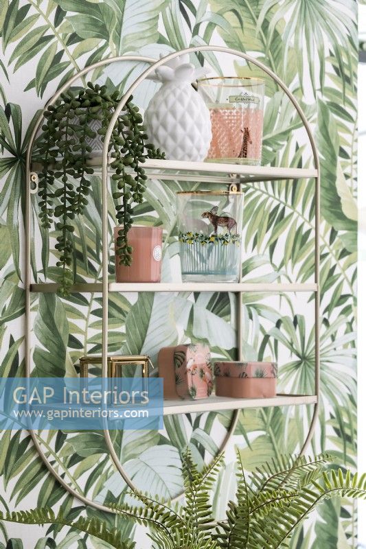 Wall mounted shelf with houseplants against tropical wallpaper 