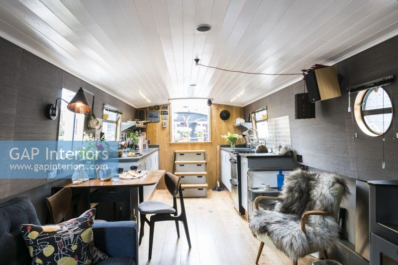 Open plan living space on canal boat.