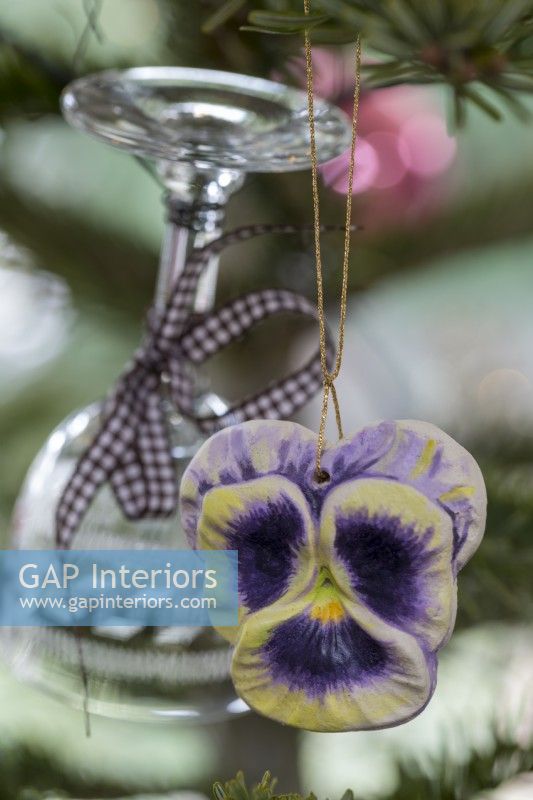 Close up of christmas decorations, 'pansy' ornament for the christmas tree