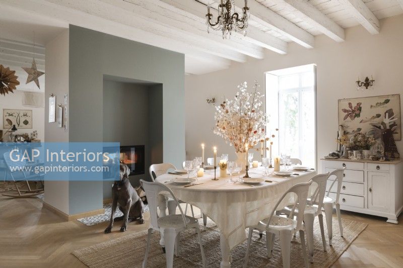 Modern country dining room decorated for Christmas