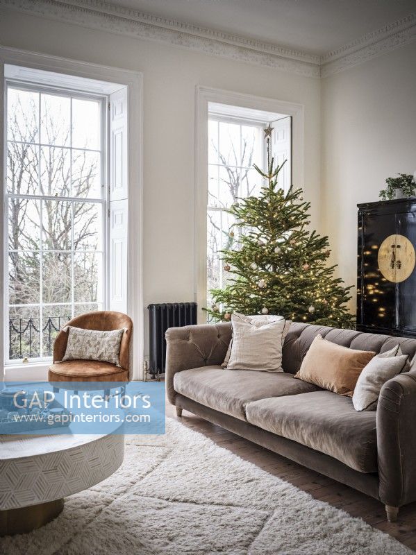 Large grey sofa and cream rug in front of Christmas tree