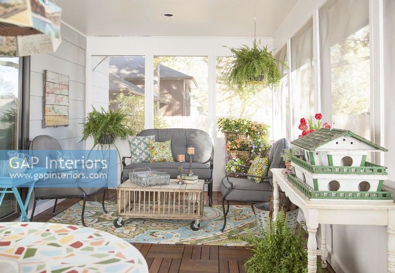 Seating area of 3-season porch makeover