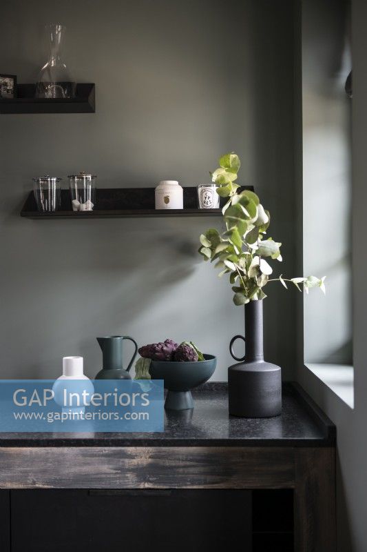Contemporary vases on kitchen worktop - detail