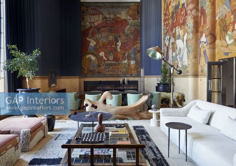 Colourful mural on wall of classic style living room