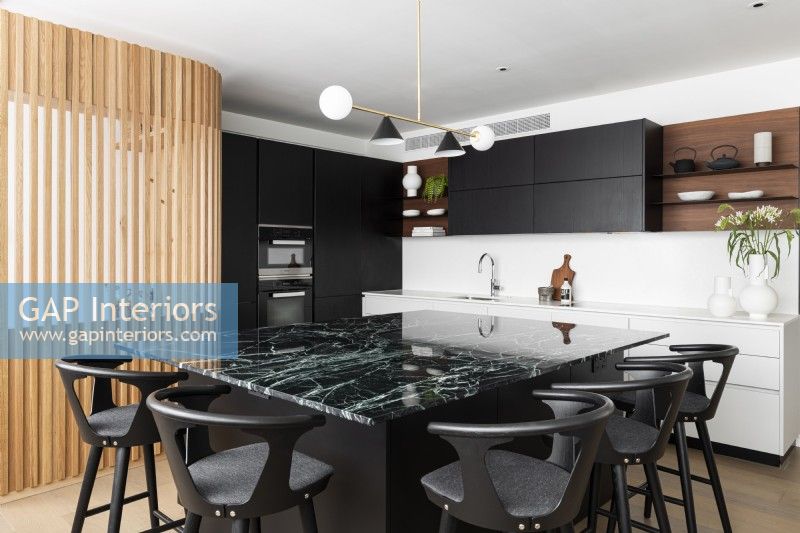 Black and white modern kitchen with island.