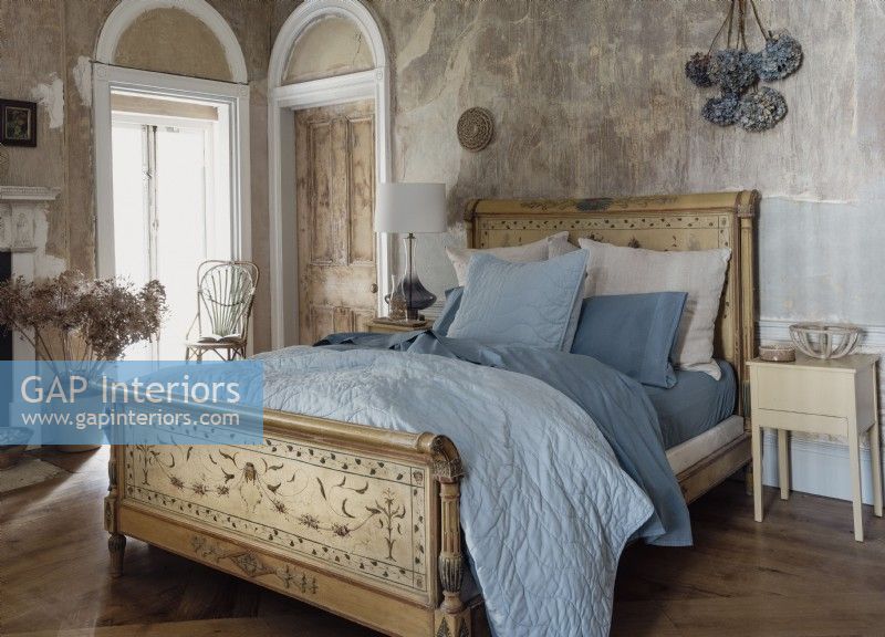 Blue Linen Bed linen on French antique double bed