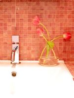 Detail of bathroom sink and pink mosaic tiles 