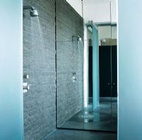 Modern shower with floor to ceiling mirror