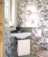 Bathroom with floral wallpaper and sink