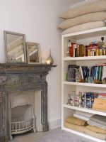Detail of shelves and fireplace