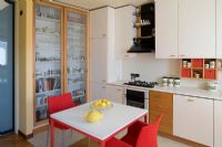 Modern Kitchen with white table and red chairs