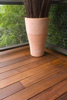 Detail of potted plant on hardwood deck
