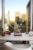 Modern home office with view across New York