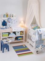 Childs bedroom with a canopy covered crib