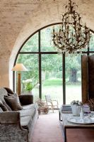 Country living room with stone walls 