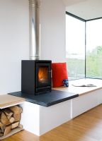 Raised log burning stove in modern living room