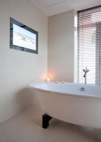Modern white bathroom with television 