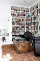 Modern living room with large bookcases 