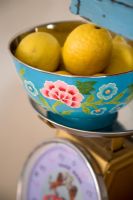 Floral fruit bowl on vintage scales