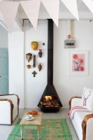 Log burning stove in modern living room 
