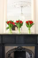 three vases of red tulips on mantlepiece 