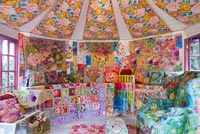 Inside of shed decorated by Kaffe Fassett with needlepoint designs- RHS Chelsea Flower Show 2012 