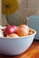 Onions in enamel bowl