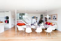 Contemporary open plan dining room decorated for christmas