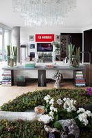 Open plan apartment decorated with flowers and plants