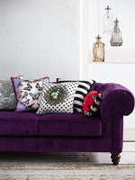 Colourful cushions on purple sofa