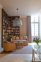 Modern living room with corner bookcase