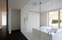 View of minimal bathroom from corridor