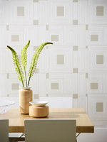 Patterned wallpaper in dining room