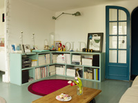 Blue bookshelves