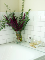 Bunch of Eucalyptus foliage and Astilbe flowers by bath