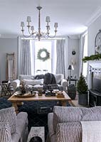 Monochrome living room decorated for christmas