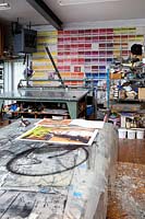 Printmakers studio with screen printing bench