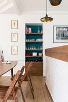 Wooden shelves in alcove