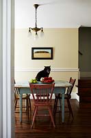 Cat sitting on vintage dining table