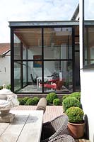 Modern extension and patio with topiary
