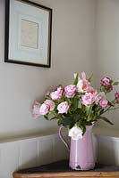 Pink Roses and Tulips in enamel jug