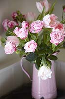 Pink Roses and Tulips in enamel jug