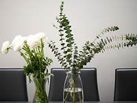 Vases of Eucalyptus foliage and Ranunculus flowers