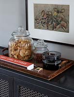 Accessories on wooden tray
