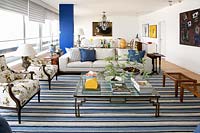 Modern open plan seating area with striped rug