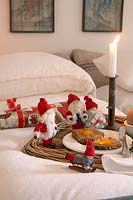 Christmas decorations on bed